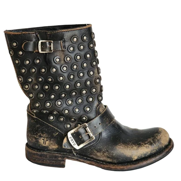 FRYE Jenna Disc Short Black Studded Leather Combat & Moto Boots Size 6.5 - Picture 5 of 11